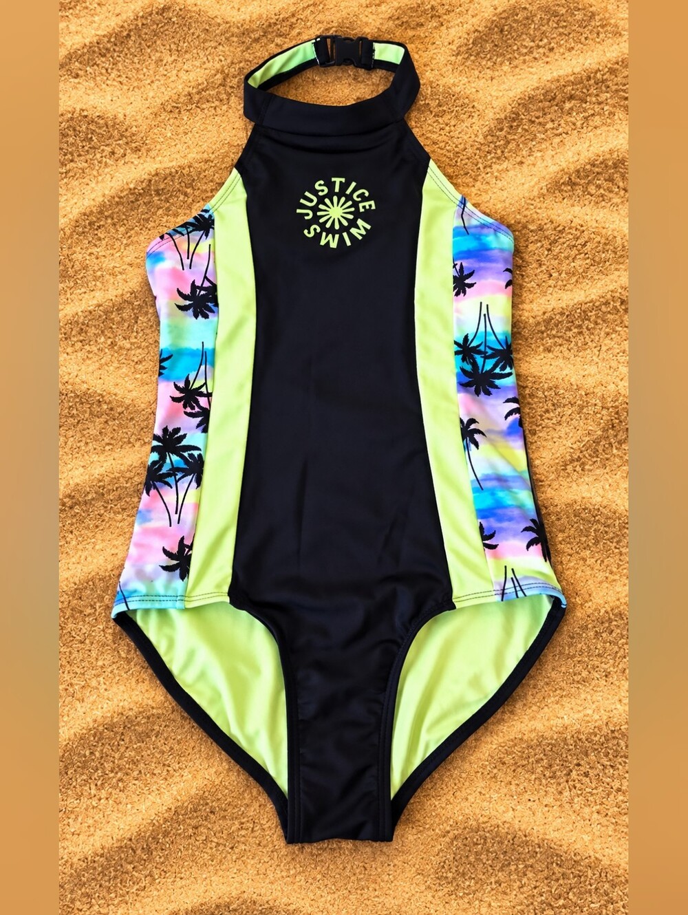 Justice Girls Size 10 High Neck Tropical Palm One Piece Swimsuit NWT